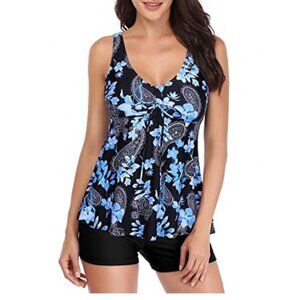 Holipick Women’s V-Neck Tankini Swimdress with Boyshort  Blue Paisley Size XXL N